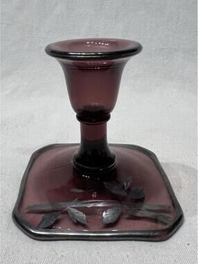 Vintage Amethyst Candle Holder - Hand Painted Silver Flowers Overlay